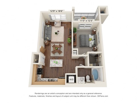 Floor plan for 1 bed, 1 bath, 659 sqft